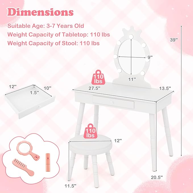 HONEY JOY Kids Vanity with Lights, Princess Wooden Makeup Table & Stool with Drawer, 3-Color LED Lights, Toddler Dressing Vanity for Little Girls, Pretend Play Kids Vanity Table and Chair Set (White)