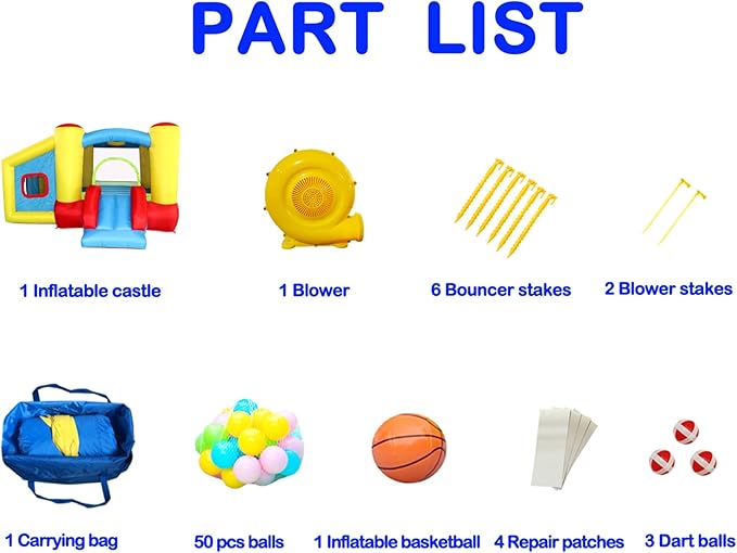 Inflatable Bounce House with Blower, Jumping Castle Slide, Kids Bouncer with Ball Pit, Basketball Rim, Dart Target Game