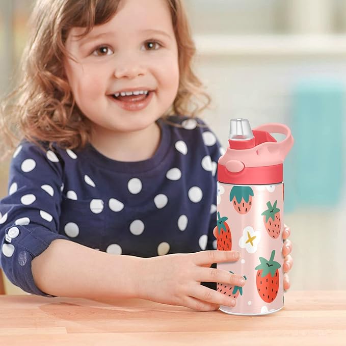 Kigai Black & White Cow Print Kids Water Bottle with Straw Lid, Vacuum Insulated Stainless Steel Double Walled Leakproof Tumbler Travel Cup for Girls Boys Toddlers, 12 oz