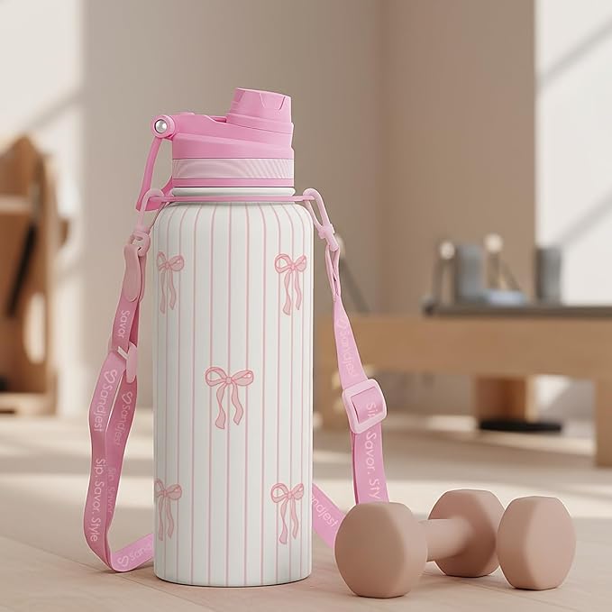 Bow Stainless Steel Water Bottle with Strap 32oz, Insulated Bottles with Straw and Spout Lid for Gym Sports Travel Outdoor, Gifts for Women Girls Birthday Christmas