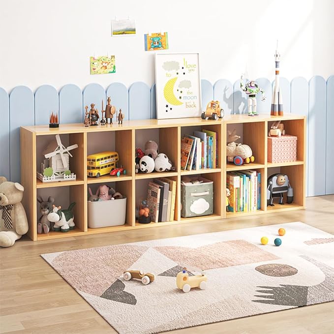 4 Cube Organizer Bookcase - Fabric Storage Bins Container, Open Shelf Simple Compartments Bookshelf, Oak