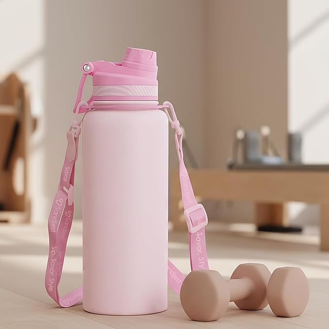 SANDJEST Stainless Steel Water Bottle with Strap 32oz, Insulated Bottles with Straw and Spout Lid for Gym Sports Travel Outdoor, Gifts for Women Girls Birthday Christmas (Pink)