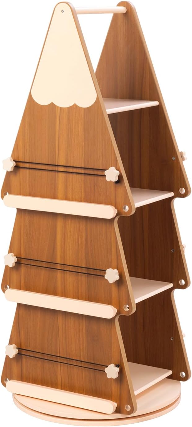 OOOK Solid Wood Rotating Bookshelf Tower 4 Tier, 360°Display Floor Standing Spinning Bookshelf Tower, Small Corner Bookcase for Small Spaces, Kids Tree Book Shelf for Kids Rooms, Classroom, Nursery