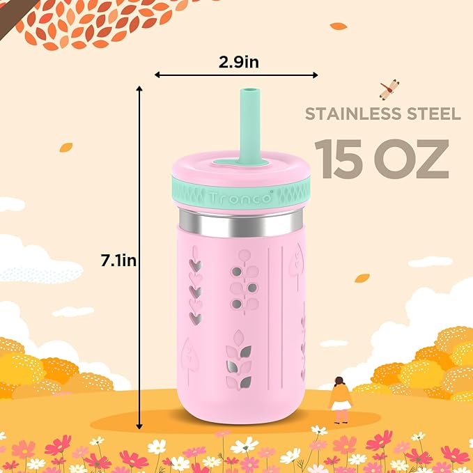 Tronco 4 Pack 15oz 2-in-1 Stainless Steel Kids Tumbler Cups with Silicone Sleeves, Spill-Resistant Flexible Straws & Storage Lids, BPA-Free Smoothie and Snack Cups, Dishwasher Safe