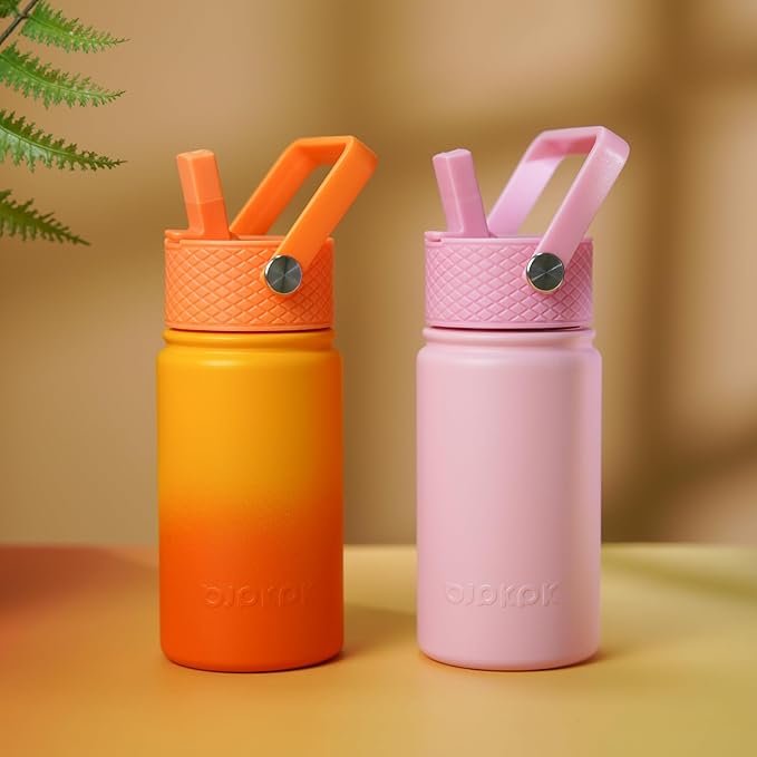 BJPKPK Insulated Water Bottle with Straw Lid, 15oz Cute Water Bottles, Stainless Steel Metal Thermo, Reusable BPA Free Leak Proof Tumblers, Cups,Pink