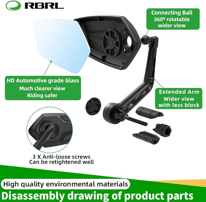 RBRL Bike Mirror Bar End Bike Mirror, Rotatable Bicycle Mirror, Automotive Grade Glass Bike Side Mirrors, Scratch Resistant E-Bike Universal Rearview Mirrors for Mountain bike (Bar end-A Set)