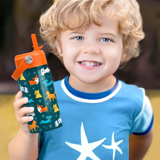 Puppy Water Bottle - Kids Water Bottle with Straw Lid - 12 Oz Insulated Stainless Steel Water Bottles for Kid Boys Girls - Travel Cup for School Sports