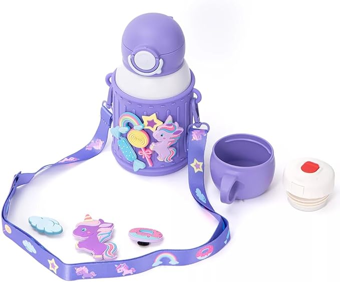 Kids Insulated Tumbler Set – 16 oz Stainless Steel Bottle with 2 Lids (Straw + Pour), Screw-On Cup, Adjustable Strap, Silicone Sleeve + 8 Charms – BPA-Free, Gift-Ready (Unicorn)