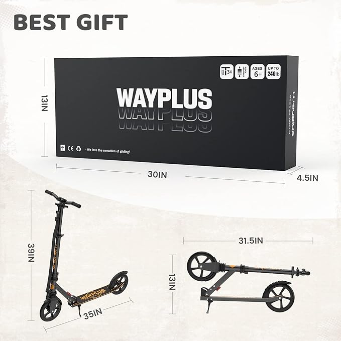 Kick Scooter for Ages 6+,Kid, Teens & Adults. Max Load 240 LBS. Foldable, Lightweight, 8IN Big Wheels for Kids, Teen and Adults, 4 Adjustable Levels. Bearing ABEC9