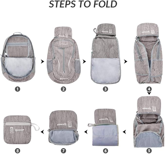 ZOMAKE 25L Ultra Lightweight Packable Backpack, Foldable Hiking Backpacks Water Resistant Small Folding Daypack for Travel(Light Gray)