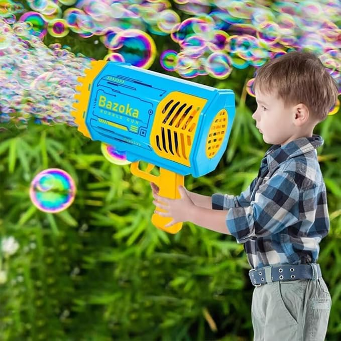 Bubble Gun Bazooka Machine with Solution - 69 Holes Blaster for Outdoor Summer Toy, Party Favors - Blue Halloween Bubble Maker Blowers for Kids