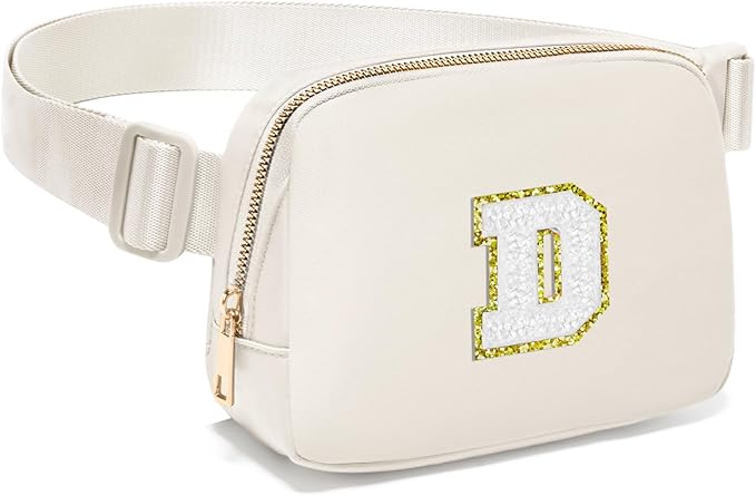 Gitus Birthday Gifts for 8 9 10 11 12 13 Year Old Girls Personalized Fanny Pack Crossbody Bags with Initial Letter Patch Belt Bag for Teen Girls Cute Trendy Stuff Travel Essentials (Ivory-D)