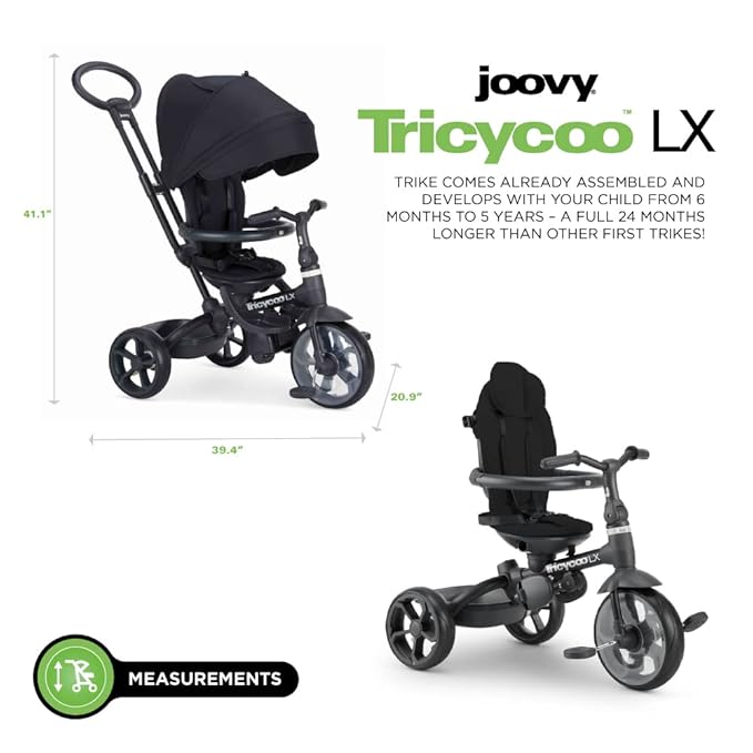 Joovy Tricycoo LX Premium Kids Tricycle with 8 Stages Featuring Chunky Front Tire, Removable and Adjustable Parent Handle, Machine-Washable Seat Pad, and Retractable Canopy, Black, 1 Count (Pack of 1)