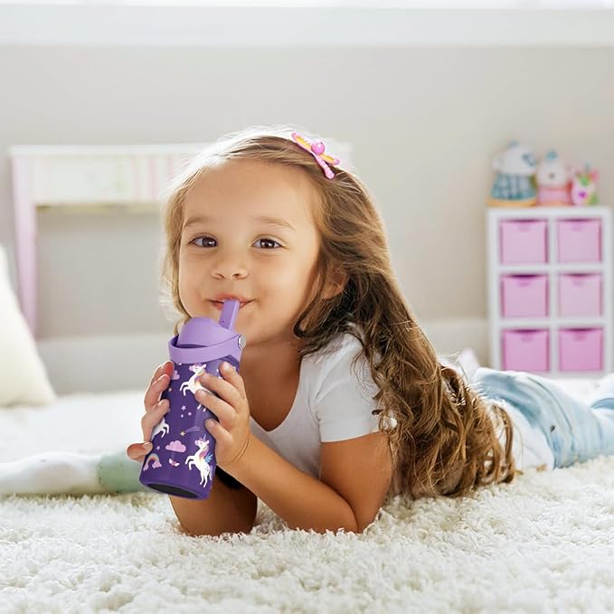 Unicorn Kids Water Bottle With Straw Lid 12oz Insulated Stainless Steel, Travel Tumbler, Unicorn Gifts For Girls, Birthday, Christmas, Back To School