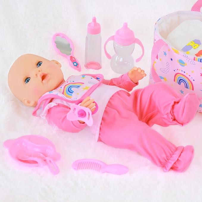 UNICORN ELEMENT 13 Pcs Baby Doll Clothes and Accessories for 14-18 inch Dolls, Baby Doll Feeding and Caring Set with Baby Doll Diaper Bag, Clothes, Diapers, Bottles, Pacifier, Best Gift for Kids