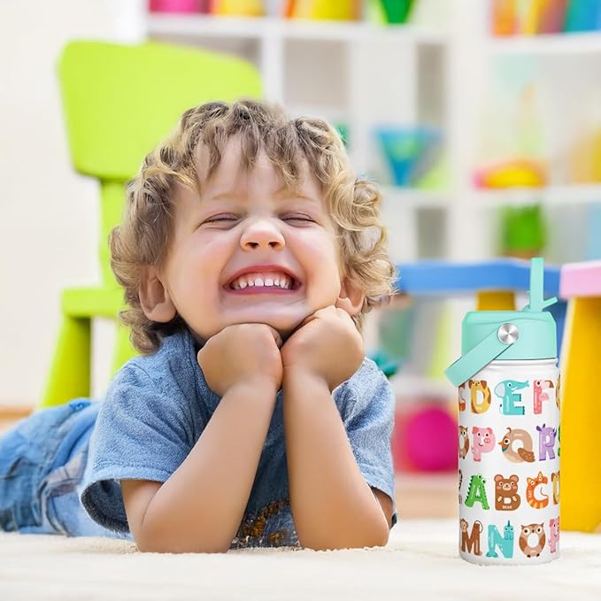 Alphabet Kids Water Bottle with Straw Lid 12oz Insulated Stainless Steel, Travel Tumbler, Animal Gifts for Boys Girls, Birthday, Christmas, Back to School