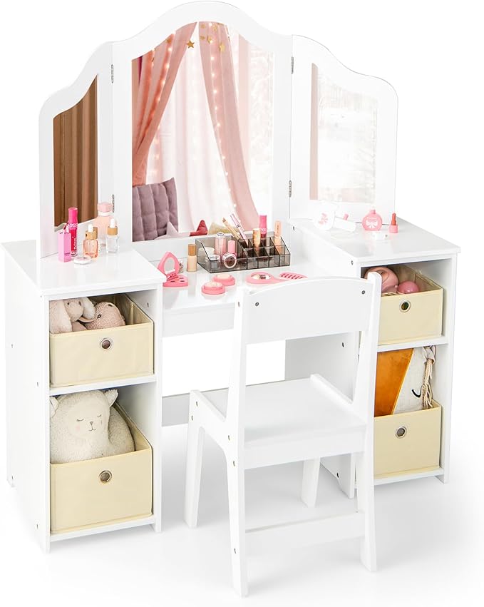 Costzon Kids Vanity, 2 in 1 Princess Makeup Vanity Desk & Chair Set with Tri-Folding Mirror, 4 Storage Bins, Wooden Dressing Table, Vanity Set for Little Girls (White)