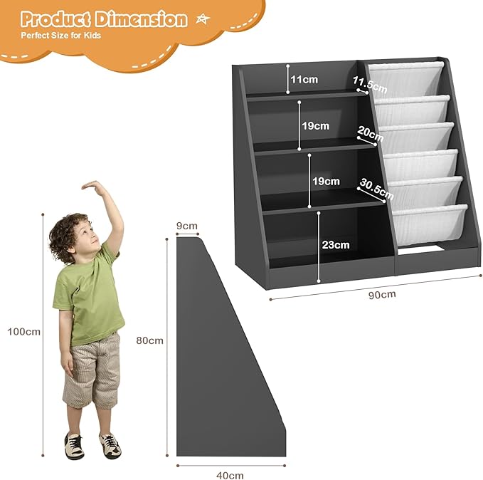 4 Tier Kids Bookshelf Wooden, Five Layer Sling Children Bookcase, Baby Toddler Storage Book Rack, Book and Toy Organizer Cabinet Chest, Book Display Shelf Stand, Playroom Nursery Classroom Library