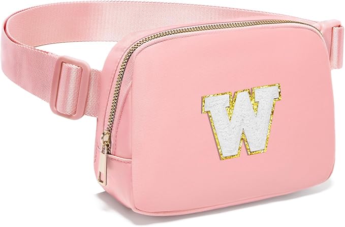 Gitus Birthday Gifts for 8 9 10 11 12 13 Year Old Girls Personalized Fanny Pack Crossbody Bags with Initial Letter Patch Belt Bag for Teen Girls Cute Trendy Stuff Travel Essentials (LightPink-W)