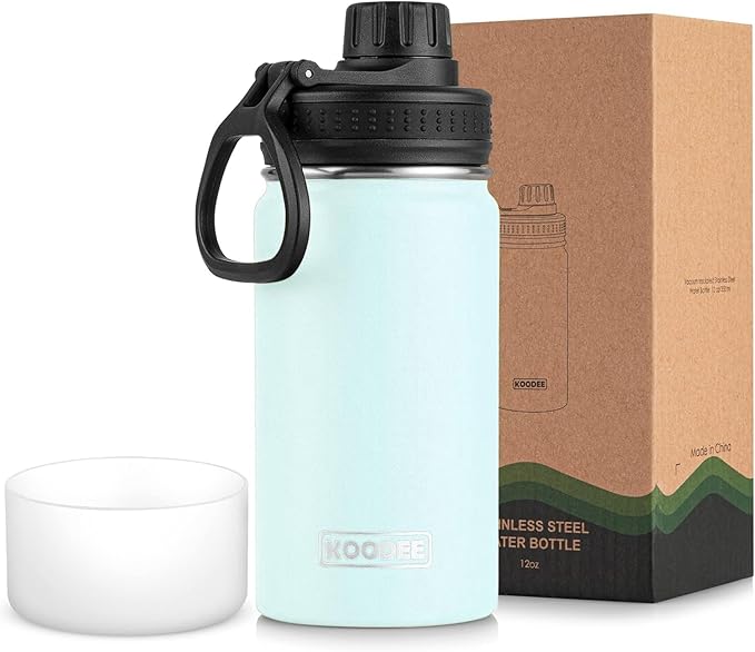 koodee Small Water Bottle 12 oz Stainless Steel Vacuum Insulated Wide Mouth Water Bottle with Leakproof Spout Lid (Bby Blue)