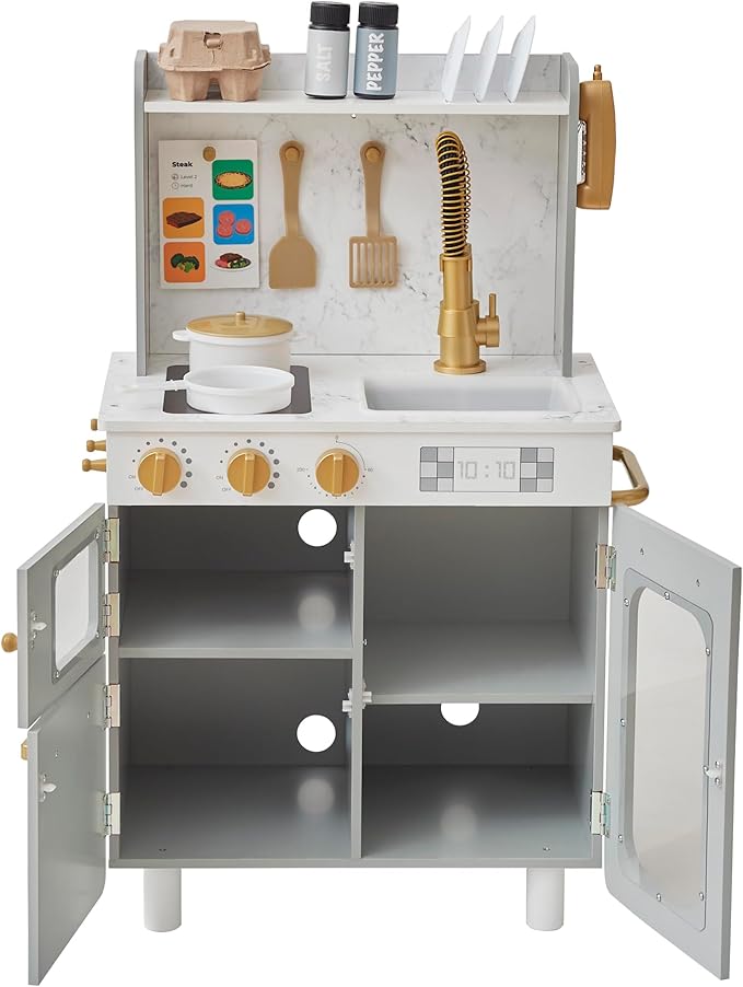 Teamson Kids Little Chef Memphis Wooden Play Kitchen for Toddlers with 16 Accessories, Realistic Pretend Cooking Set with Microwave Oven Sink Faucet Storage for Kids Ages 3+ Gray Gold Marble