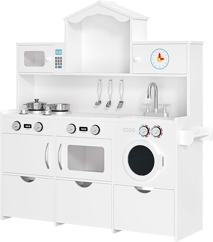 Keyluv Wooden Play Kitchen for Kids and Toddler, Montessori Toy Kitchen Playset with Plenty of Pretend Play Features and Storage Drawers, Gift for Boys and Girls, White