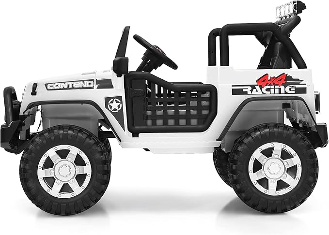 Costzon 2-Seater Ride on Truck, 12V Battery Powered Electric Vehicle w/Remote Control, 2 Speeds, Spring Suspension, LED Light, Horn, Music/ MP3, 2 Doors Open, Ride on Car for Kids (White)
