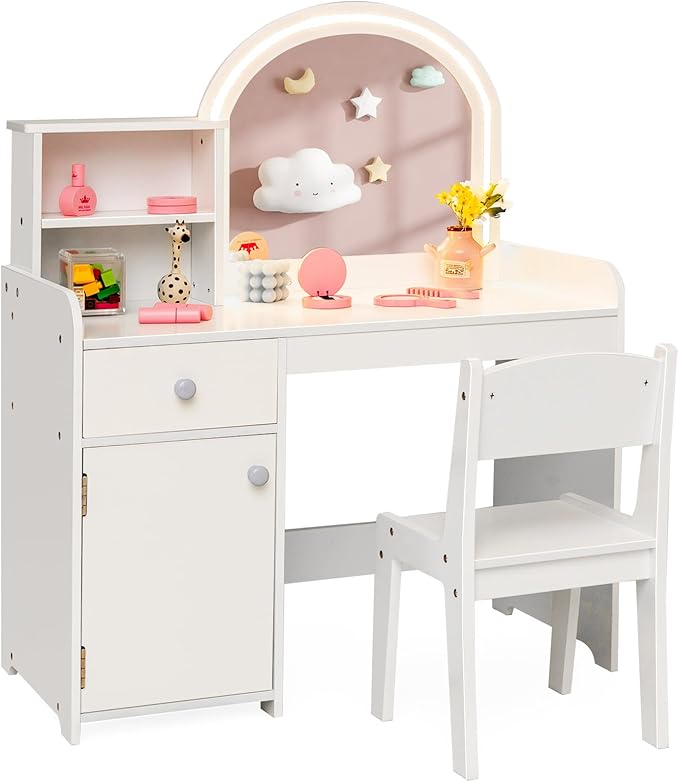Costzon Kids Vanity with Lights, 2 in 1 Princess Makeup Desk & Chair Set with Lighted Mirror, Drawer, Storage Shelves & Cabinet, Toddler Dressing Table, Vanity Set for Little Girls, White