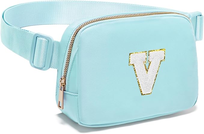 Gitus Birthday Gifts for 8 9 10 11 12 13 Year Old Girls Personalized Fanny Pack Crossbody Bags with Initial Letter Patch Belt Bag for Teen Girls Cute Trendy Stuff Travel Essentials (Icingblue-V)