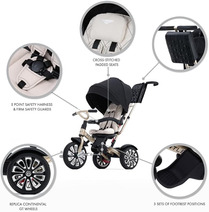 Bentley Trike - All Terrain Toddler Bike 6-in-1, Mulliner Gold Limited Edition, Officially Licensed and Designed by Bentley Motors UK; Baby to Big Kid Tricycle (6m-5y+)