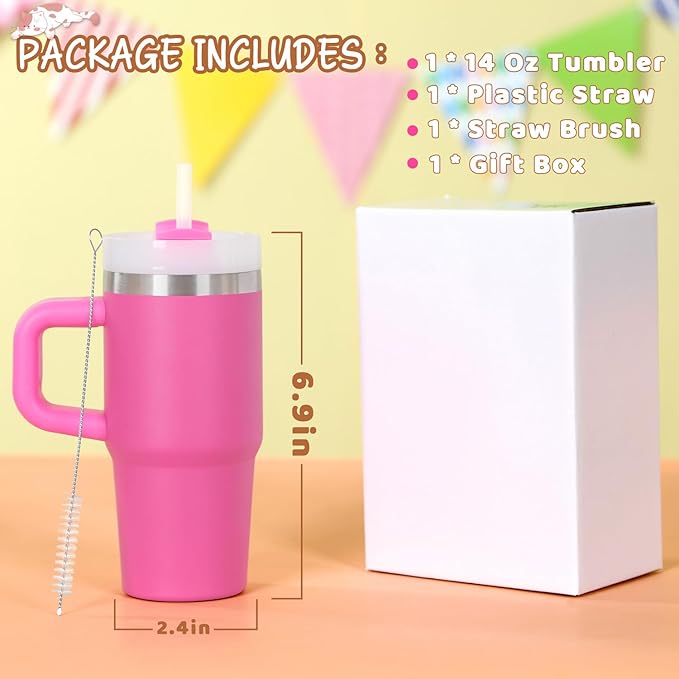 Cosictic 14 Oz Tumbler with Handle and Straw for Kids, Stainless Steel Double Wall Vacuum Insulated Cup for Children, 14 Oz Cups for Kids (Hot Pink)