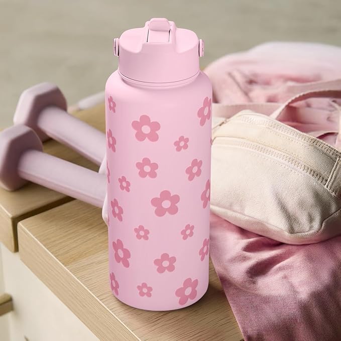 Floral Water Bottle Stainless Steel 32oz with Lid & Straw, Daisy Insulated Bottles Gifts for Women Girls Friends Teens Birthday Christmas
