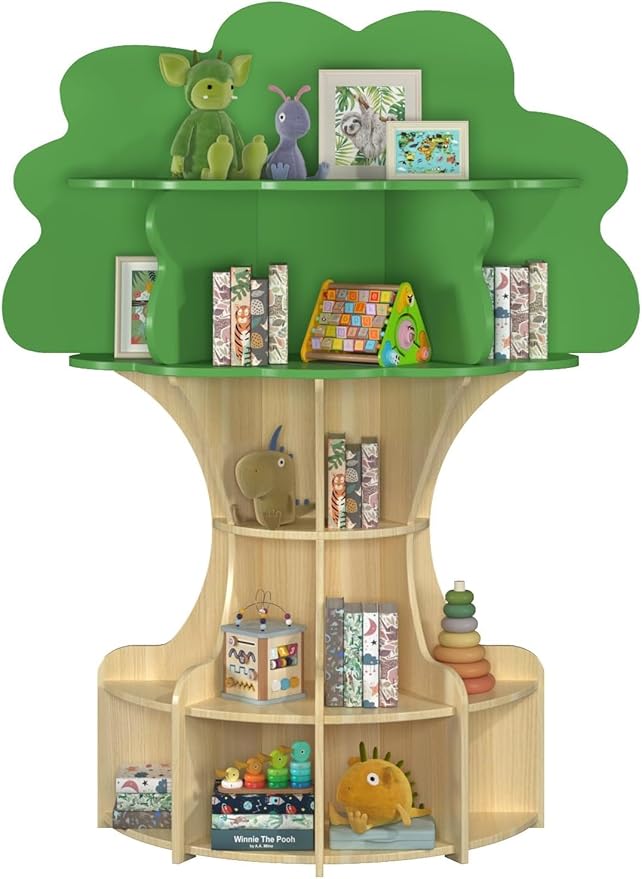5-Tier Tree Kids Bookshelf, Toddler Montessori Shelf Book Rack, Toy and Book Storage for Kids, Wooden Children's Bookcase, Toy Storage Organizer for Preschool, Kid Room, Playroom, Nursery-001