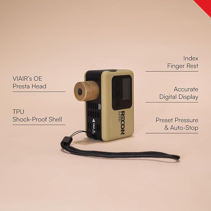 VIAIR Recon Mini - Premium Portable Air Compressor for Cyclists - Digital Tire Pressure Gauge with 120 PSI - for Road, Gravel & Mountain Bike Tires - Brushless Motor, Lithium Batteries & Presta Head