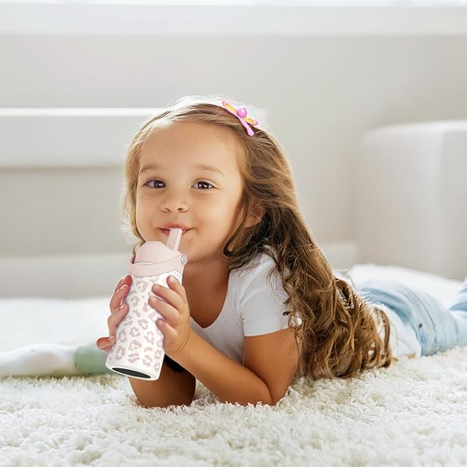 Beige Leopard Print Kids Water Bottle with Straw Lid 12oz Insulated Stainless Steel, Travel Tumbler, Gifts for Girls, Birthday, Christmas, Back to School