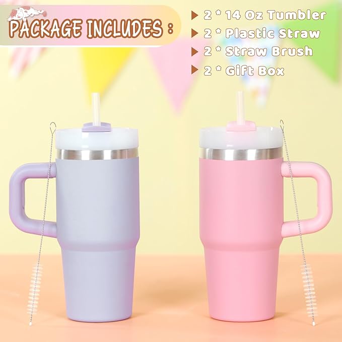 Cosictic 14 Oz Tumbler with Handle and Straw for Kids, Stainless Steel Double Wall Vacuum Insulated Cup for Children, 14 Oz Cups for Kids (Purple, Pink)