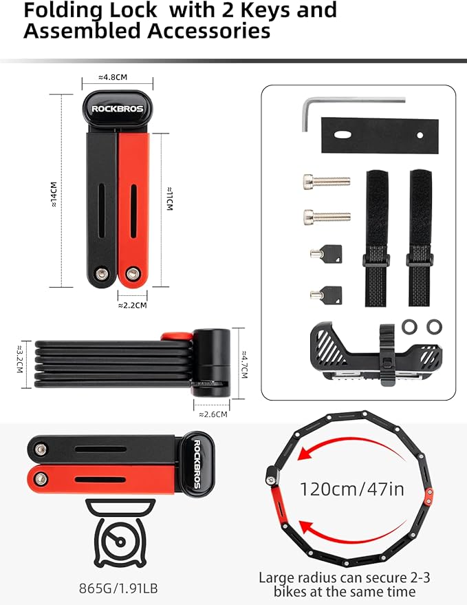 ROCKBROS Folding Bike Lock 120cm/47.24inch with 2 Keys Bike Locks E Bicycle Non Theft Heavy Duty Electric Scooter Lock for Ebike Motorcycle E Bicycle