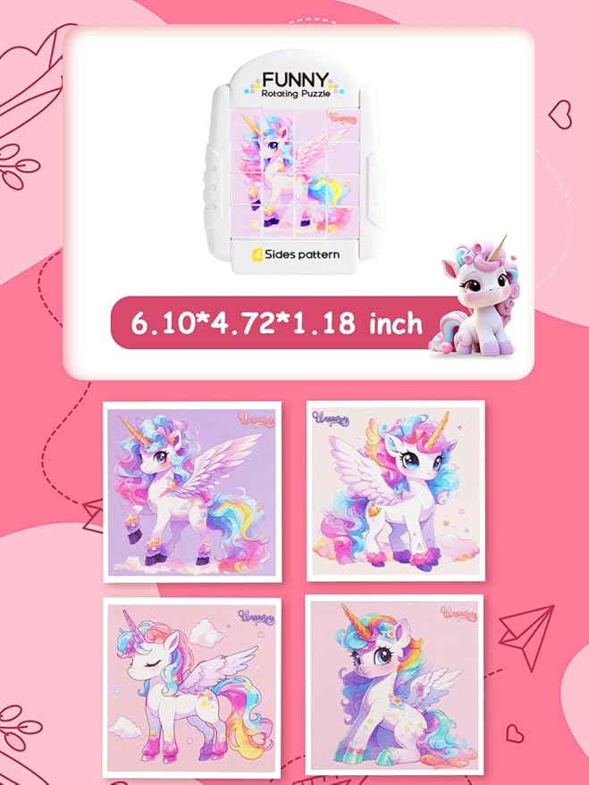 16-Piece Rotating Puzzles for Kids 4-6, Toddlers Puzzles 2-4, Road Trip, Airplane Activities Game, Travel Toys - Brain Teaser, Fine Motor Skills - Birthday Gifts Boys & Girls - Pink Alicorn