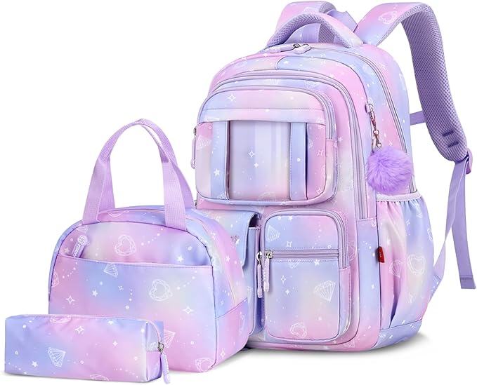 Tanou Backpack with Lunch Box for Girls, Kawaii Set School Bag for Kid Elementary Middle School, Aesthetic Laptop Bookbag Lightweight, Purple