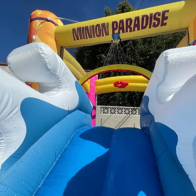 Funormous Minions Bounce House with Slide, Ball Pit & Water Cannon – Indoor/Outdoor Tropical Inflatable with GFCI Air Blower for Kids Ages 3–8