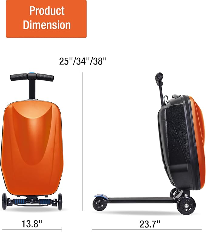 20" Scooter Suitcase for Kids, 2-in-1 Ride On Luggage with Wheels for Boys & Girls Ages 4-15, Foldable Hardshell Carry On Lightweight Travel Suitcase for Airplane (No LED, Orange)