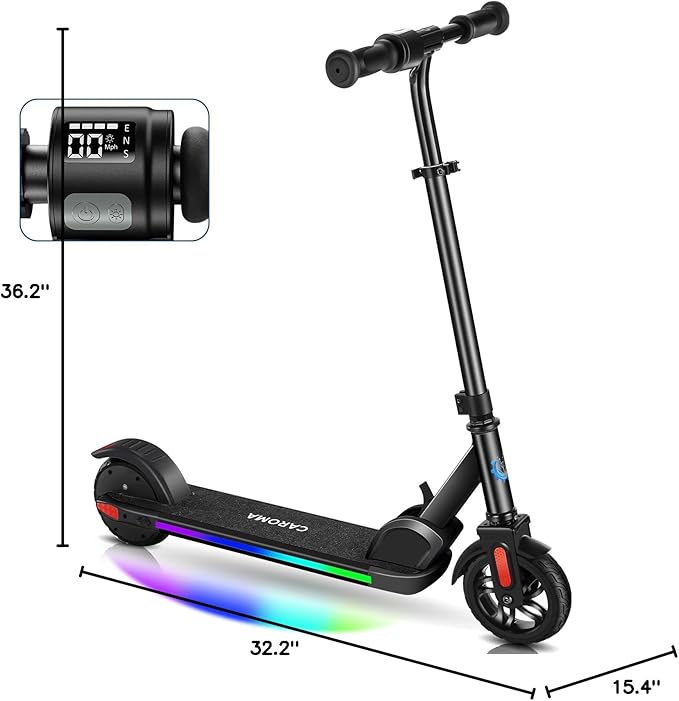 Caroma Electric Scooter for Kids Ages 6-14, 180W/150W Motor & 10 Mph, 85 Mins Ride Time, Adjustable Height & Speed, LED Display & Colorful Lights, Kids Electric Scooter, Best Gifts for Girls and Boy