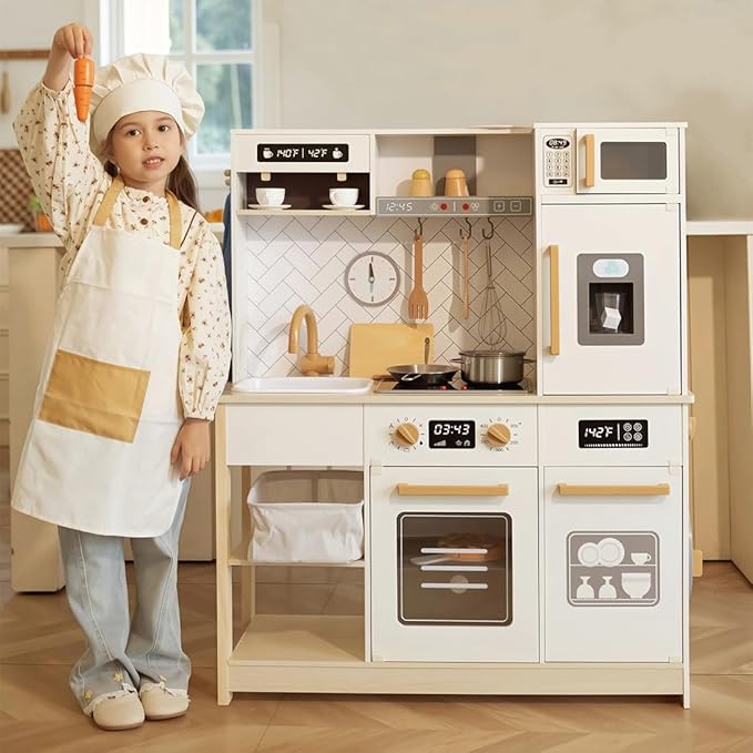 Freniland Wooden Play Kitchen, Kids Kitchen Playset with Real Light & Sound, Realistic Ice Maker,Stove Oven Chef Pretend Toy Kitchen Include 31 Accessories, Gift for Child Ages 3+ Toy Furniture