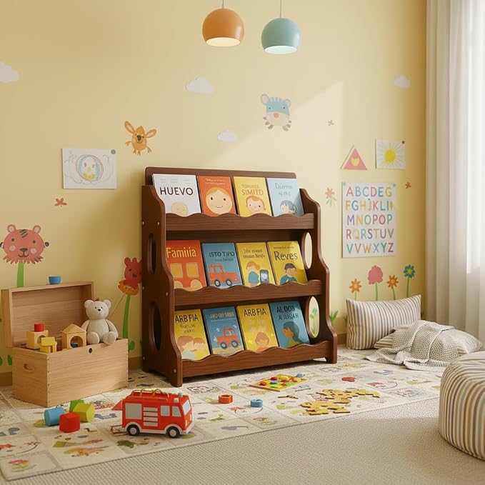 Kids Bookshelf Wooden Montessori Book Shelf Dutch Design 3Tier Scalloped,WalnutWood Pattern