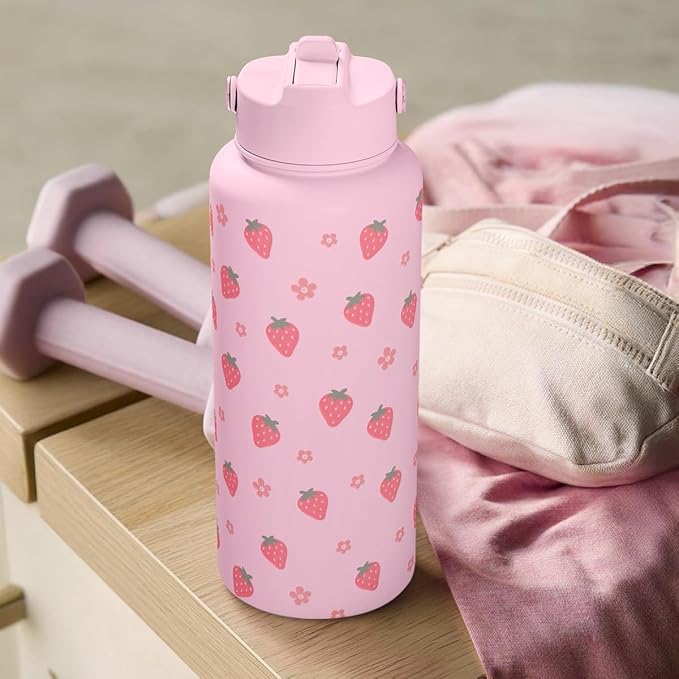 Strawberry Water Bottle 32oz Stainless Steel with Lid & Straw, Insulated Bottles for Women Girls, Gifts Ideas for Birthday Christmas