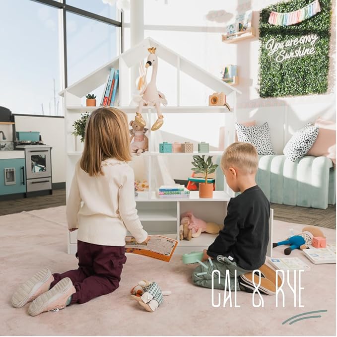 Kids Bookshelf and Toy Storage - 4-Tier White Wooden Children's Bookcase for Kids, Toddler, Nursery, Playing Room - Modern, Contemporary Style - Space Saving - Wall Mounted