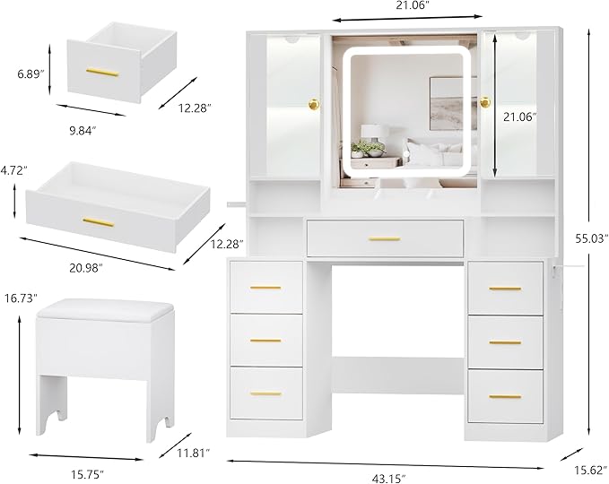 Makeup Vanity with LED Light Strip Mirror and Chair, 7 Drawers & 2 RGB Cabinets White Vanity Makeup Desk with Power Strip, Adjustable LED Lighting, and Cushioned Stool for Women, Girls, Teens