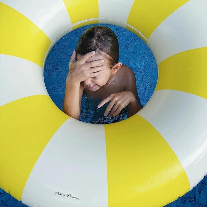 Petites-Pommes Inflatable Donut for Kids - Durable Inner Tube, Handprinted Classic Striped Design Float Rings, Soft Comfort Seaming, Packable Floats for Travel, Yellow, 35 inch