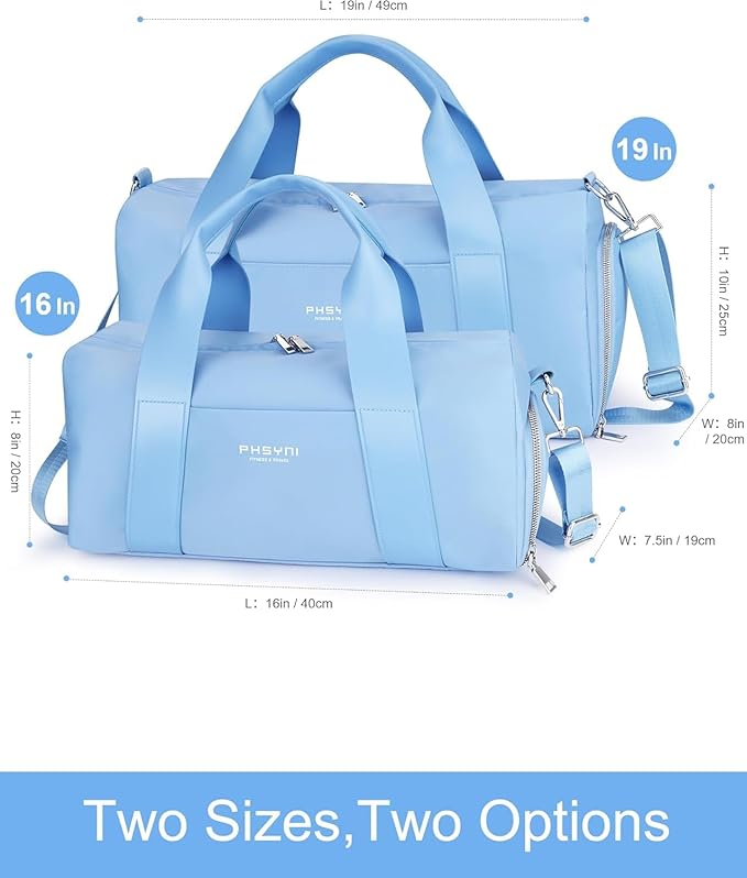 Compact Sports Gym Bag for Women, Cute Mini Duffle Bag with Wet Pocket & Shoes Compartment, Personal Item Travel Workout Bag, 16"- Small, Sky Blue