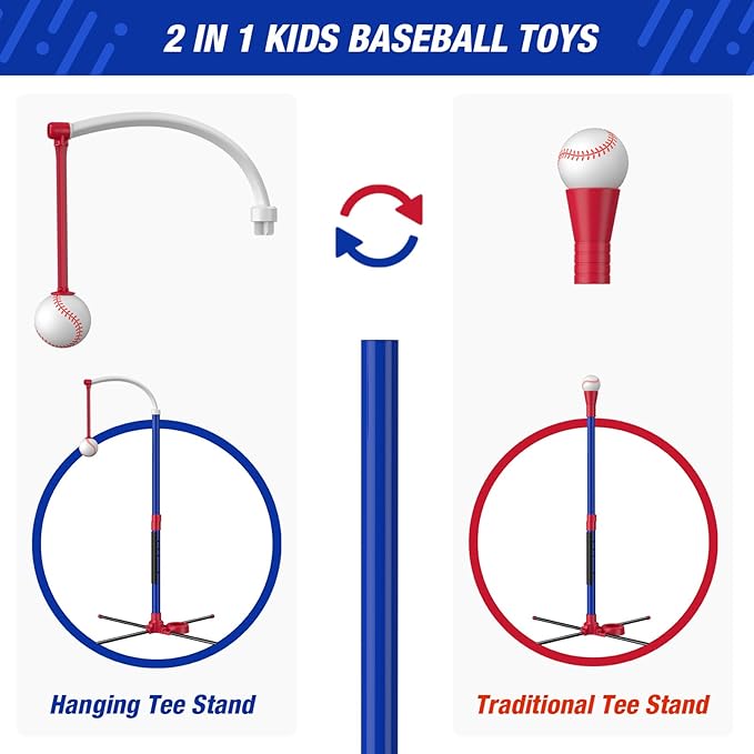 4 in 1 T Ball Sets for Kids 3-5 with Toss and Catch Ball Set, Hanging Tee Stand with Auto Pitching Machine/ 2 Bats, Indoor Outdoor Toys Birthday Baseball Gifts for Toddler Boys Girls, Blue